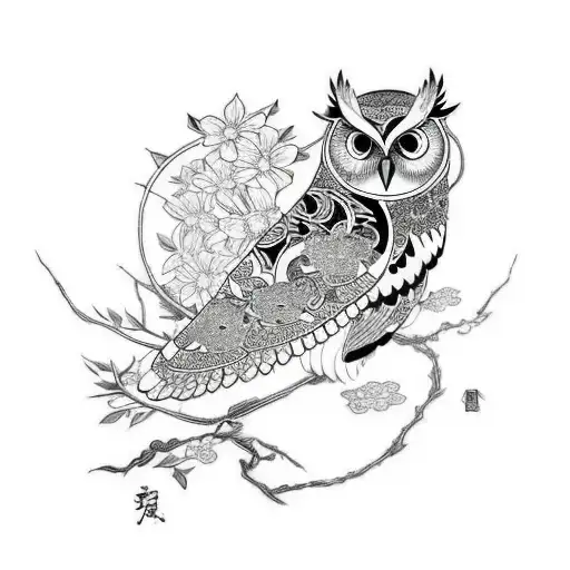 Owl on a branch with florals tattoo design idea