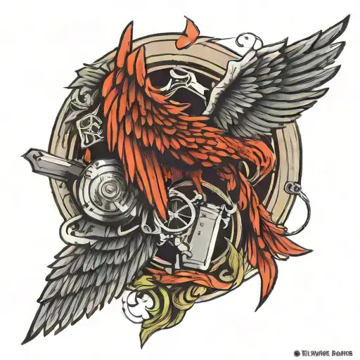 an angle wing  fighting with gun surrounded tattoo design idea