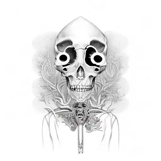 A surrealistic scene depicting a person contemplating life and death, with the phrase 'memento mori' subtly hidden within the details tattoo design idea