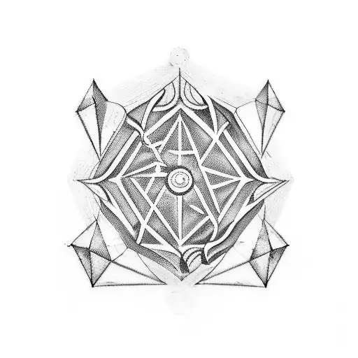 A blackwork tattoo of the phrase 'Molon Labe' written in ancient Greek script, surrounded by platonic solids, representing the client's passion for both Spartan history and platonic solids. tattoo design idea
