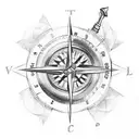 A sketch-style tattoo of the Dave Matthews Band logo combined with a compass, symbolizing the client's love for both the band and travel. tattoo design idea
