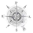 A sketch-style tattoo of the Dave Matthews Band logo combined with a compass, symbolizing the client's love for both the band and travel. tattoo design idea