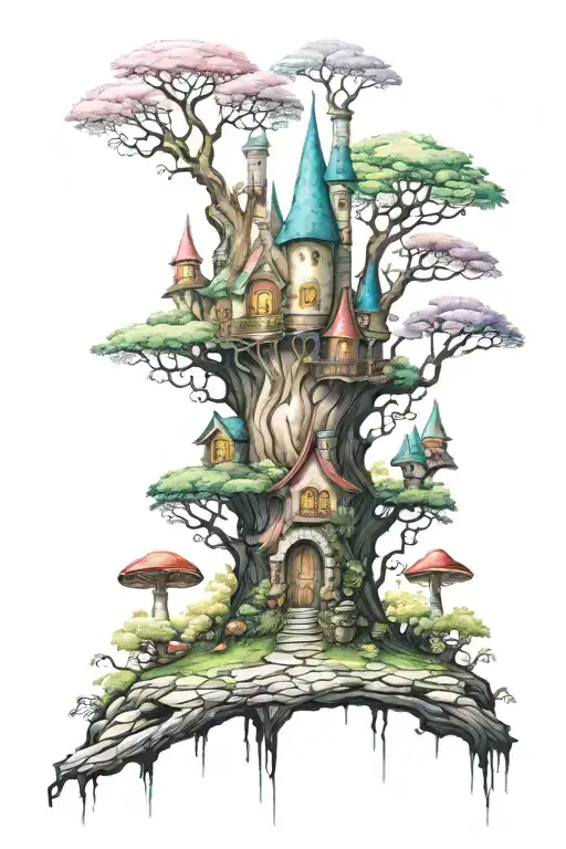 fairy fantasy castle trees gnomes mushrooms magic wizards tattoo design idea
