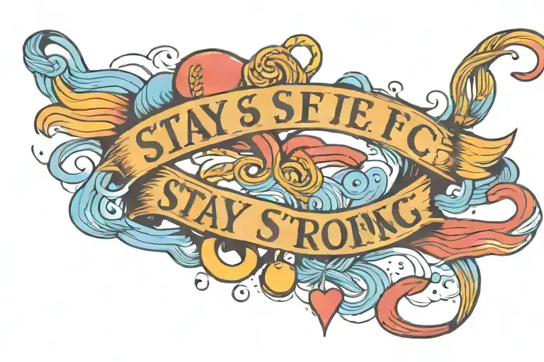 heartbeat as a jump rope with the slogan "stay safe stay strong" in the colours red orange yellow and blue tattoo design idea