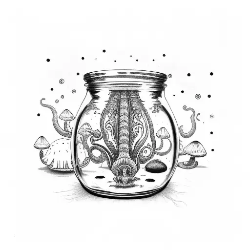 octupus in a jar with mushrooms tattoo design idea