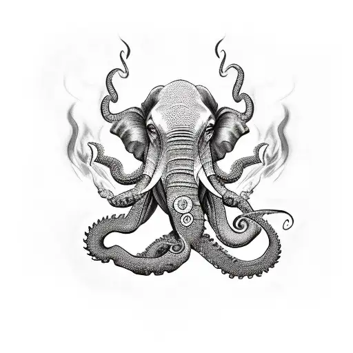 black flames burning elephant stabbing an octopus  tattoo design idea