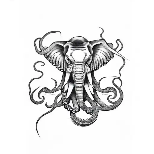 black flames burning elephant stabbing an octopus  tattoo design idea