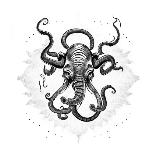 black flames burning elephant stabbing an octopus  tattoo design idea