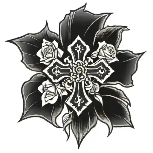solid black cross with rose  tattoo design idea