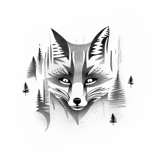 dense forest scene with fox in negative space tattoo design idea