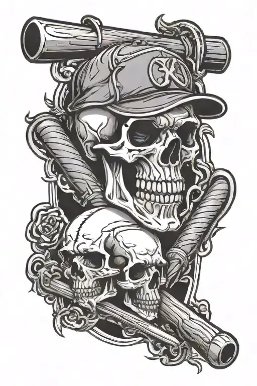 skull and baseball bat intertwined tattoo design idea