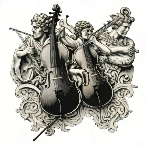 A collage of famous Roman sculptures playing various musical instruments, including a cello tattoo design idea