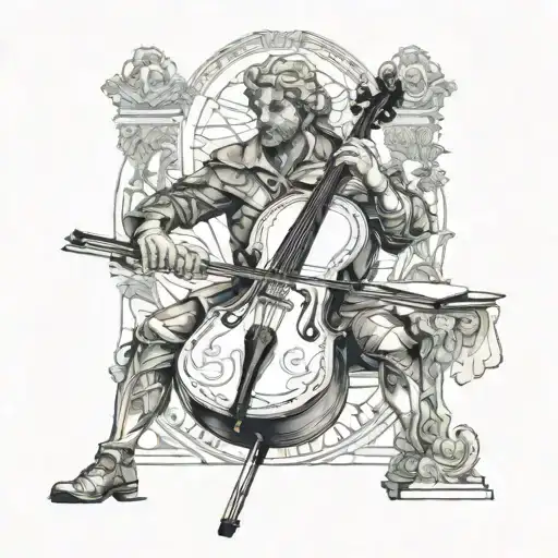 Roman playing the cello, to compose the scene leaves in the style of Renaissance and Baroque art tattoo design idea