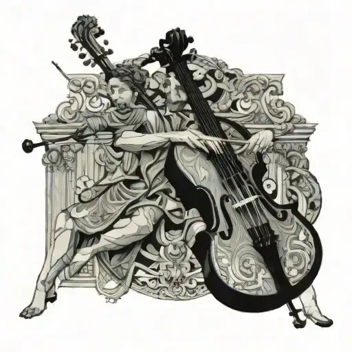 Romans playing the cello with the number 2012 highlighted. Renaissance and Baroque art style tattoo design idea