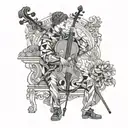 Roman playing the cello, to compose the scene leaves in the style of Renaissance and Baroque art tattoo design idea