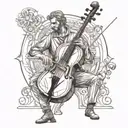 Roman playing the cello, to compose the scene leaves in the style of Renaissance and Baroque art tattoo design idea