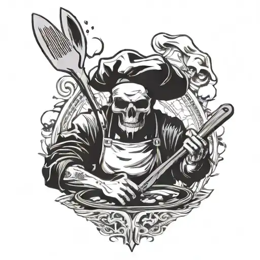 death as a chef with a kiss the cook apron holding a knife  tattoo design idea