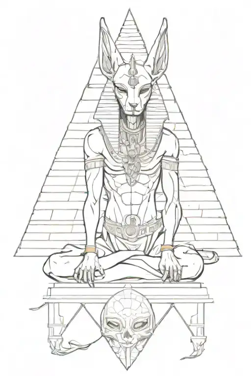 anubis holding skull around pyramids include the eye tattoo design idea