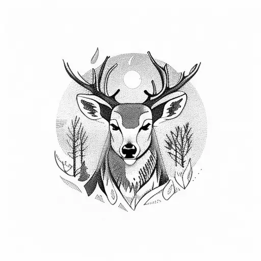 pack of deer in forest with wolves  tattoo design idea