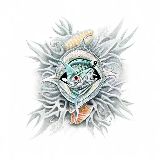 fish skin with thorns and card of aces tattoo design idea