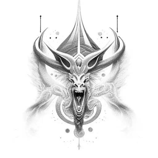 A mystical creature inspired by Christian mythology, surrounded by intricate sacred art tattoo design idea