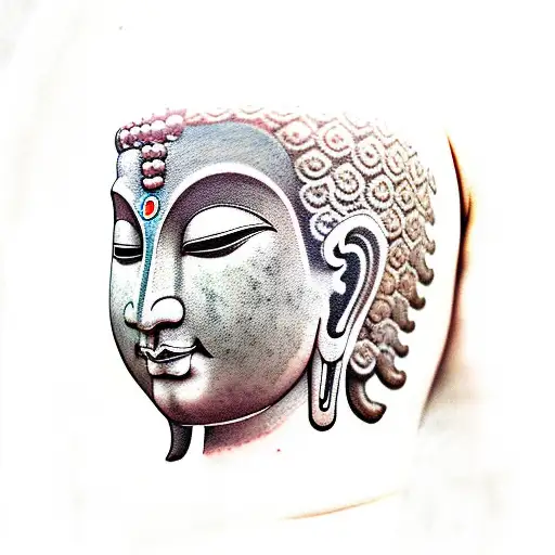 Tattoo of a Large face of a Young Buddha with ancient Indian ruins in the background  tattoo design idea