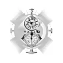Concept: Punk Rock Timepiece  Clock:  The central element of the tattoo is a vintage pocket watch or a clock face with R tattoo design idea