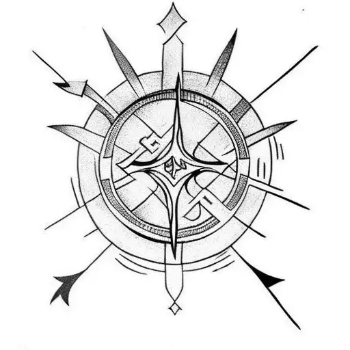 arrow with viking protection rune, a Sun and a Moon, black and white. tattoo design idea