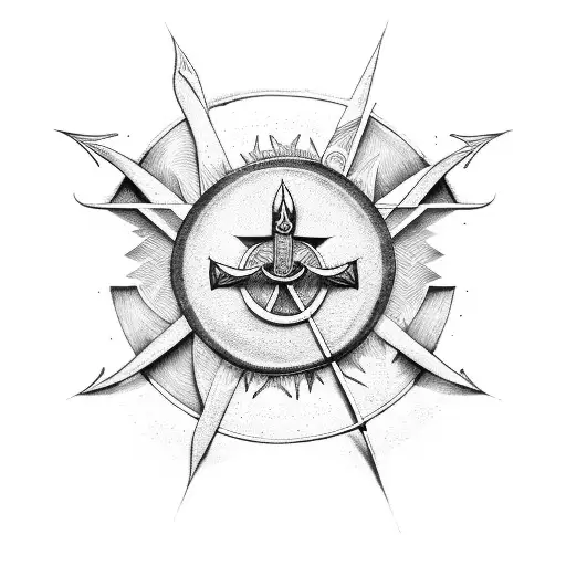 arrow of a bow with viking protection rune, a Sun and a Moon on , all inblack and white. tattoo design idea