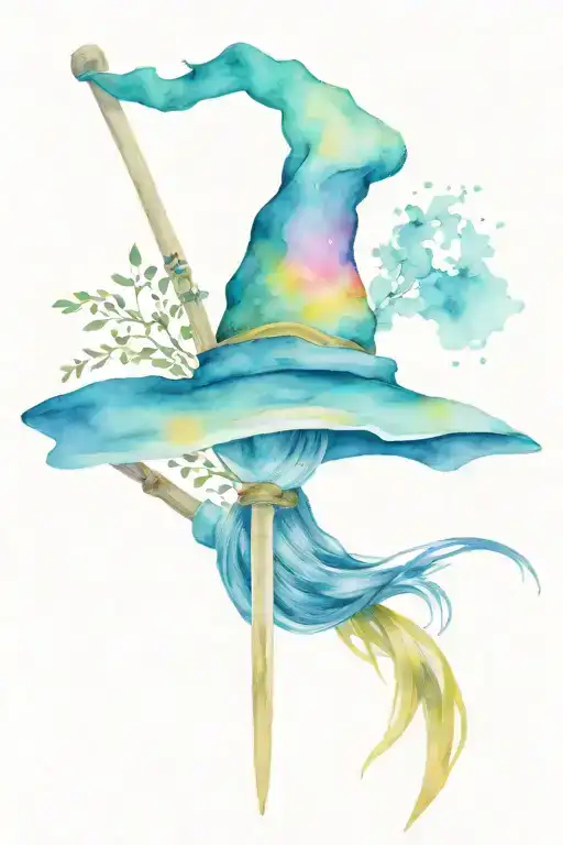 witches hat and broom tattoo design idea