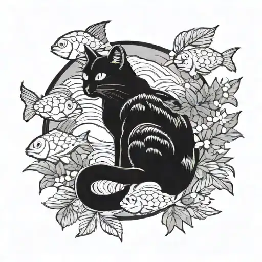 cat and fish with background of leaves and clouds, Japanese style  tattoo design idea