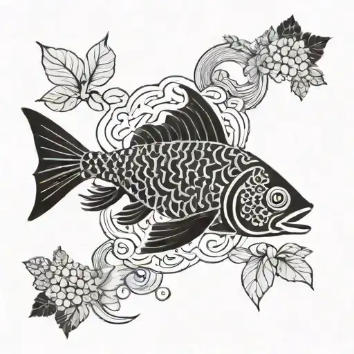 fish with background of leaves and clouds, Japanese style  tattoo design idea