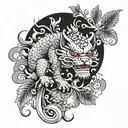 Foo Dog, cat and fish with background of leaves and clouds, Japanese style  tattoo design idea