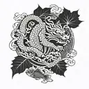 Foo Dog, cat and fish with background of leaves and clouds, Japanese style  tattoo design idea