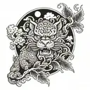 Foo Dog, cat and fish with background of leaves and clouds, Japanese style  tattoo design idea