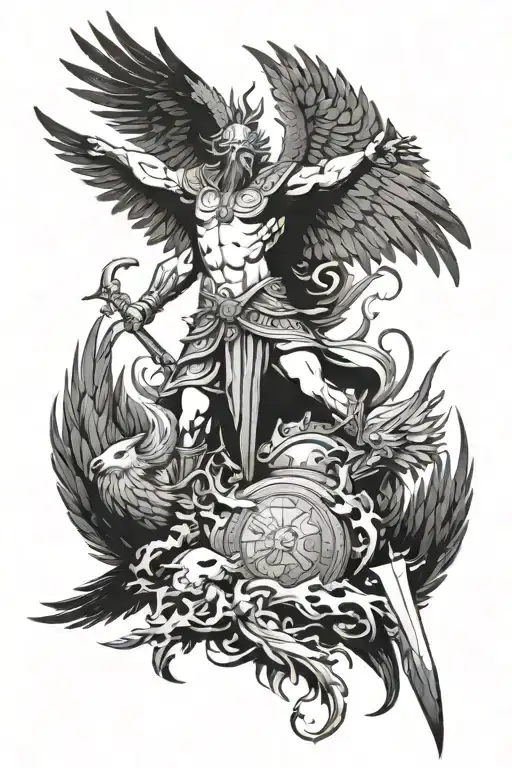 a tattoo of a pantheon warrion surrounded by a pheonix standing in front of fearfull enemies tattoo design idea