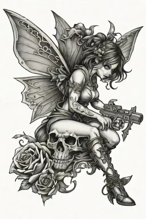 fairy holding a gun and knife tattoo design idea