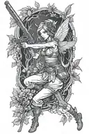 A fairy holding a gun and knife in a mystical forest setting tattoo design idea