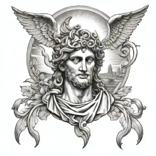 Apollo with the rising sun shining and greek mythology tattoo design idea
