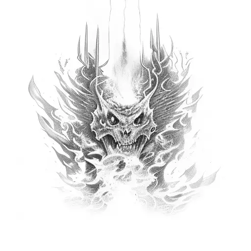 a full back, town in flames, demons y angels tattoo design idea