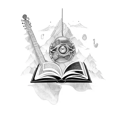An open book with movie scenes and musical instruments emerging from its pages tattoo design idea