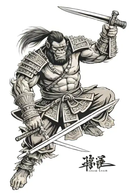 samurai with a gorilla face furious with anger and sword tattoo design idea