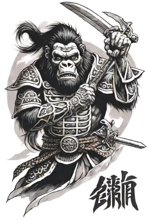 Chinese samurai with angry gorilla face and sword tattoo design idea