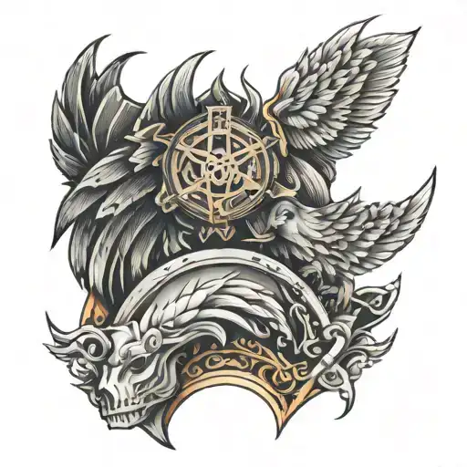 armadura medieval en biceps y ante brazo que contenga un diseño de un ave fenix y un lobo en la armadura en tono grises tattoo design idea