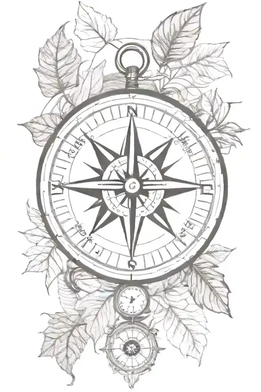 Compass and leaf assymetrical  tattoo design idea