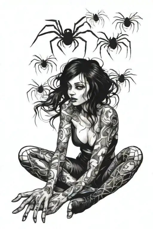 a creature with the lower part of the body of a spider and the upper part made of a beautiful yet evil blackhaired girl tattoo design idea