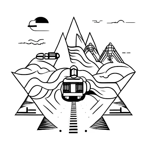 A dynamic composition of a train and motorcycle merging into one tattoo design idea