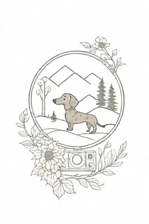 intertwined notes, retro camera, forest, dachshund, mountains, ice, daisies, mirror of Venus, thin branches with leaves tattoo design idea