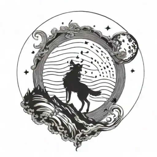 A minimalist tattoo design featuring a silhouette of a wolf howling at a full moon, with musical notes swirling around it tattoo design idea