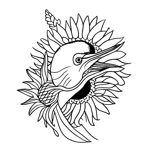 A minimalist tattoo of a heron surrounded by sunflowers tattoo design idea